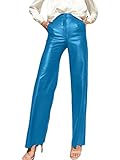  shownicer PU Pantalon Femmes Sexy Taille Haute en Simili Cuir Droit de Loisirs Style Y2K Vintage à Jambes Larges A Bleu Clair L