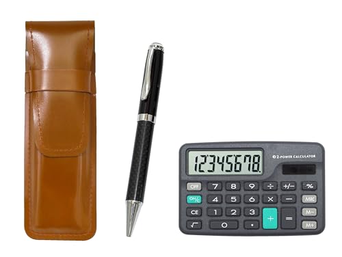 ミニ電卓付 スリム牛革ペンケース茶 カーボン・ファイバー回転ボールペンセット T23-D-ASC-PD01