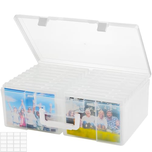 ALINK Caixa de armazenamento de fotos 12,7 cm x 18 cm com alça, 18 peças de organizador de fotos interno transparente e organizador de artesanato, estojo de fotos portátil com etiqueta para artes