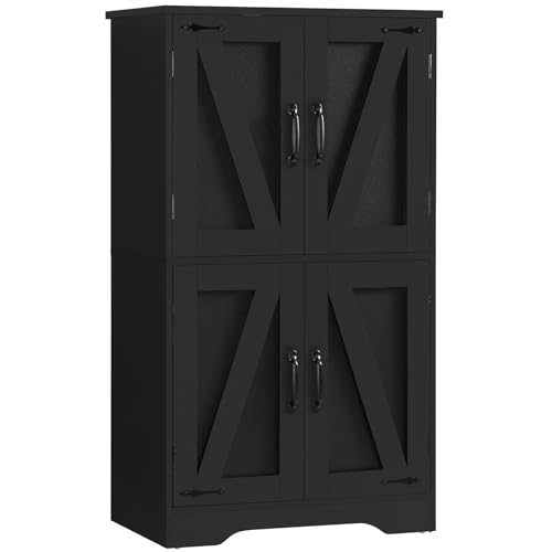 Image of TEENFON Farmhouse Storage Cabinet with 2 Adjustable Shelves, Bathroom Storage Cabinet with 4 Doors, Cupboard for Kitchen, Living Room, Black