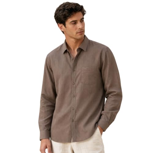 Image of Nobero Breezy Premium Linen Cotton Shirt for Men | Stylish Casual Shirts for Men | Semi Cut Collar | Box Pleat | Curved Hem | Regular Fit | Full Sleeve | S-XXXL