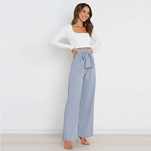 Women's Casual High Waist Belted Wide Leg Pants with Pocket Bow-Knot Self Tie Work Pants Long Palazzo Pants Trousers2
