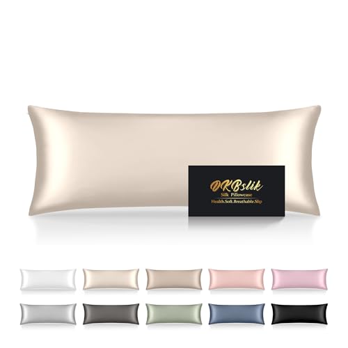 Image of Silk Body Pillow Cases, Mulberry Silk Body Pillow Cover with Zipper, Smooth, Anti Acne, Cooling Sleep Both Sides Natural Silk Satin 20x54 Body Pillowcase, Gifts for Women Men, Beige