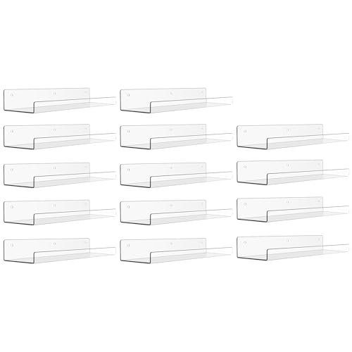 upsimples 14 Pack Acrylic Shelves for Wall Storage, 15" Floating Bookshelves for Kids, Display Shelf Organizer for Bathroom, Bedroom, Living Room, Kitchen, Room Decor, Clear