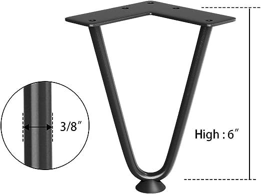 Image of Powder Coated Heavy Duty Hairpin Furniture Legs, Metal Home DIY Projects for Nightstand, Coffee Table, Desk, etc with Rubber Floor Protectors Black (6 inch)