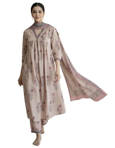 Image of ANNI Designer Women Rayon Viscose A-Line Embroidered Kurti Set with Pant and Dupatta | 3 /4 Sleeve | V-Neck | Ethnic Wear Kurta Set for Women