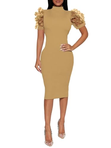 Image of Annystore Bodycon Chunch Dress for Women Summer Puff Lantern Bishop Short Sleeve Dress Mesh Lace Mock Neck Elegant Cocktail Dress Midi Dress Yellow M