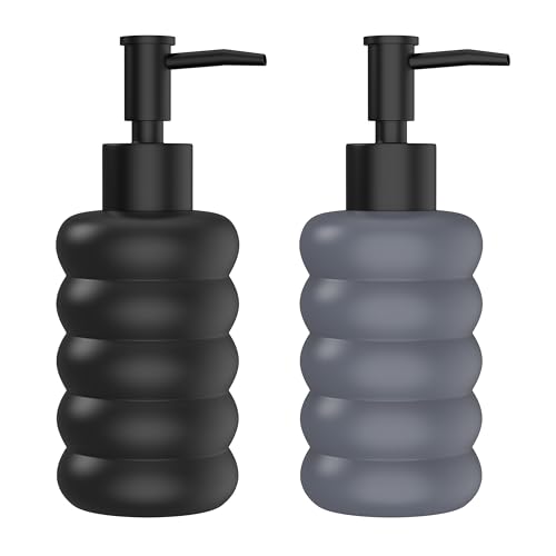 Image of Rioware Ceramic Soap Dispenser Hand Wash Bottles for Basin | Multipurpose Refillable for Liquid Shampoo, Kitchen, Bathroom, and Household Use | 300Ml, Pack of 2 - Round Black & Grey