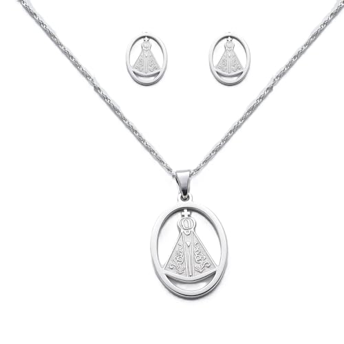 Conjunto de joias femininas de Aço inoxidável Brinco e Colar Nossa Senhora Aparecida - Presente Religioso - Presente Feminino