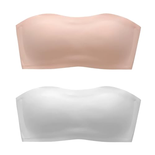 YESLAU Girls Strapless Bandeau Bra Training Tube Top 10-12 12-14 14-16 Teens Seamless Padding Bralettes Packs of 2 White Nude 32