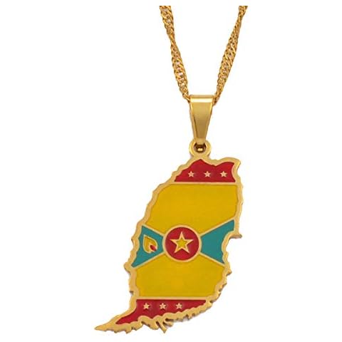 Hafrita Grenada Island Map Flag Pendant Water Wave Necklaces Stainless Steel Necklace, 45cm Thin Chain, Metal, Agate Cover