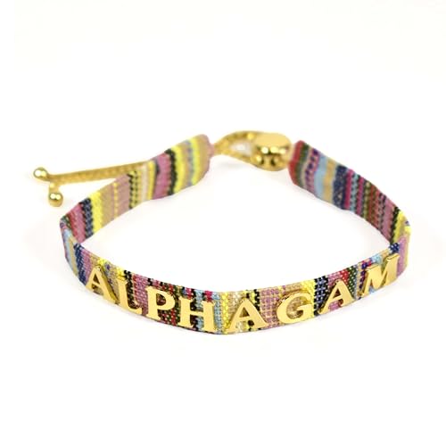 Sorority Shop Alpha Gamma Delta Bracelet — Multi-Color Woven Bracelet with Gold-plated Sorority Nickname and Adjustable Clasp