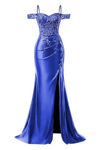 Image of Mermaid Satin Prom Dresses 2026 Lace Applique Off Shoulder Formal Evening Gown with Slit