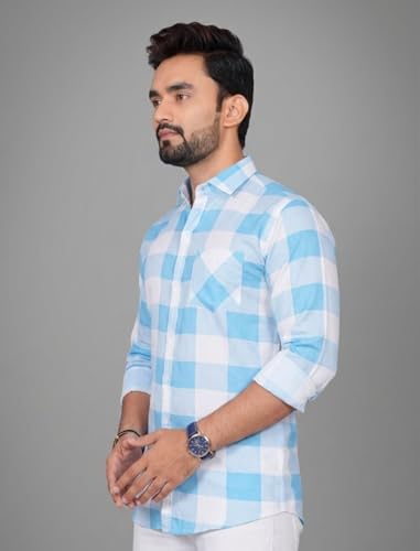 Image of Voroxy Men's Casual Checks Shirt with Pockets Cotton Blend Stylish Branded Checkered Pattern Formal Shirt & Regular Fit Full Sleeves and Spread Collar Style