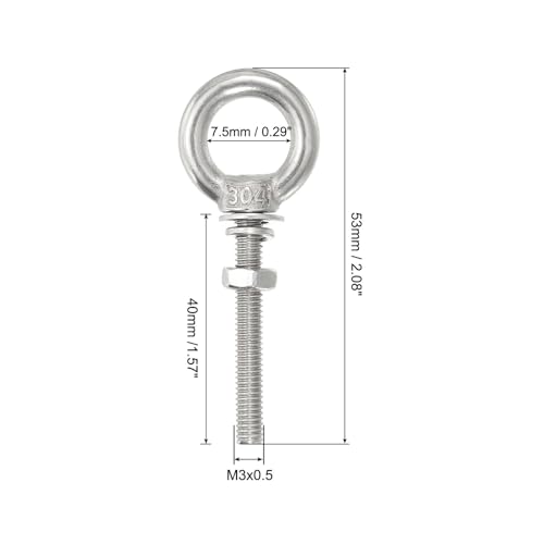 Image of uxcell M3*40 1 /8 inchx1.57 inch Stainless Steel Eye Bolts Threaded Screw Eyebolt Shoulder Ring with Nuts Washers for Lifting Hanging, 4 Set