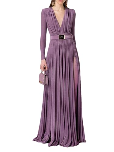 Women's Pleated Solid Deep V-Neck Evening Dress Sexy Belted Split-Side Long Sleeve Prom Dresses