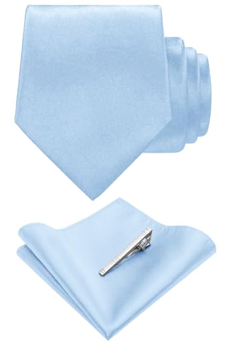 TASTION Mens Light Blue Tie for Men Classic Wedding Business Solid Baby Blue Necktie and Pocket Square with Tie Clip Sets