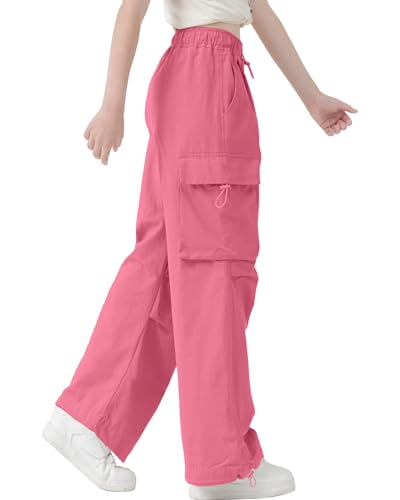 Image of AOWKULAE Girls Cargo Pants Baggy Drawstring Parachute Pants 5-16 Years | High Waist, Elastic Waist,Y2K Style,Comfortable and Loose Fit,Daily Casual Outfits
