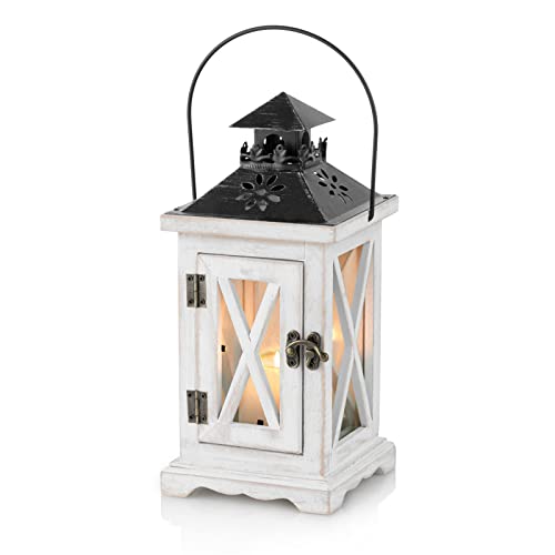 Sziqiqi Laterne Kerzenhalter Vintage Windlicht Holz Metall - Dekorative Windlichthalter für Draußen, Rustikale Hochzeit, Herzstück - Hängende Bauernhaus Innen Außenlaterne Dekor 28cm