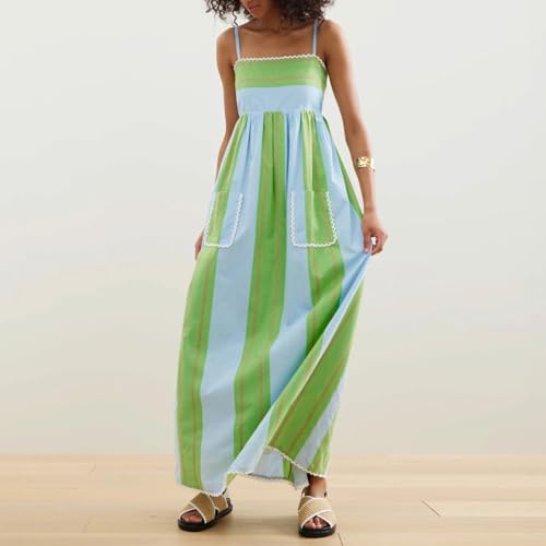 Image of Women's Y2k Striped Maxi Dress Summer Sleeveless Spaghetti Strap Front Pocket Flowy Dress Beach Sundress