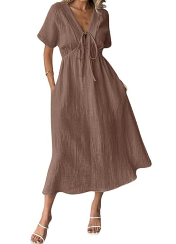 chouyatou Womens Summer Boho V-Neck Cotton Tunic Dress Casual Loose Short Sleeve Midi Long Beach Dress (Medium Brown)