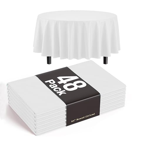 Image of Exquisite White Round Tablecloth 84 inch - 48 Pack | Plastic Tablecloth, Disposable Table Covers Round for Parties, Weddings, Holidays & Party Supplies