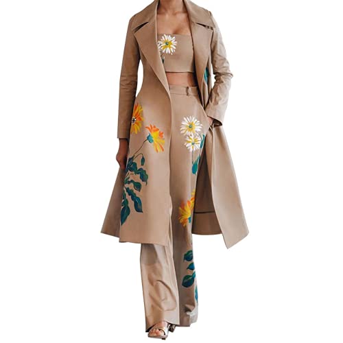 Depslee Women's Autumn and Winter Print Three-Piece Suit, Matching Set of Suits,Elegant Embroidery Printing Pantsuits