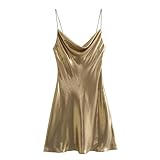 Women's Vintage Spaghetti Strap Backless Dress Casual Comfort V Neck Dress Backless Sleeveless Wedding Dresses (Gold,Medium)