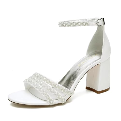 Image of White Women's Block Heel Sandal, Open Toe, Ankle Strap, Pearl Wedding Shoes for Bride, Bridesmaids, Mother of the Bride, Prom, Evening, Cocktail, Ball Gown