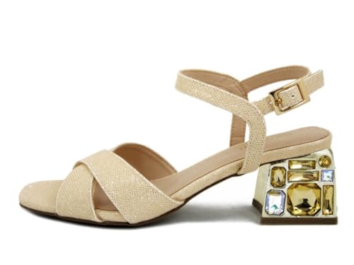MENBUR Sandalias de mujer de tela brillante beige champán, tacón medio 6 cm, 23655
