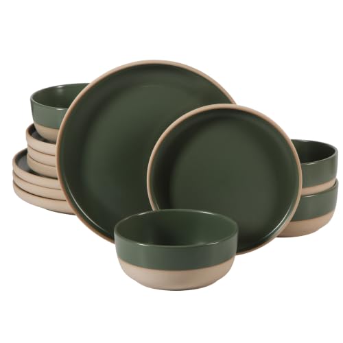 Image of Gibson Home Plates and Bowls Set, 12 Piece Dinnerware Set for 4, Green