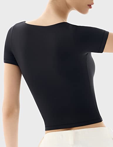 PUMIEY Women's Scoop Neck Short Sleeve T Shirt Slim Fit Sexy Tops Smoke Cloud Collection4