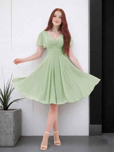 Chiffon Pleated Flutter Sleeves Bridesmaid Dresses for Wedding V Neck Short Formal Dress BM0113