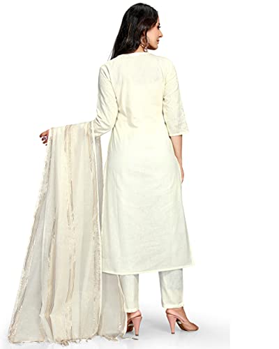 Image of Rajnandini Women's Pure Cambric Cotton Embroidered Kurta Set With Dupatta (JOPLVL214-S Off-White S)