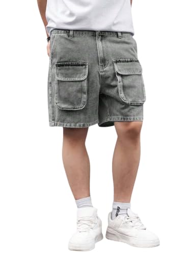 Image of GRECIILOOKS Denim Cargo Shorts for Men Stylish | Washed Jeans Half Pant for Men | Knee Length Cargo Shorts for Mens | Regular Fit Mens Pant Casual, Utility Streetwear Jorts, Travel Summer Wear