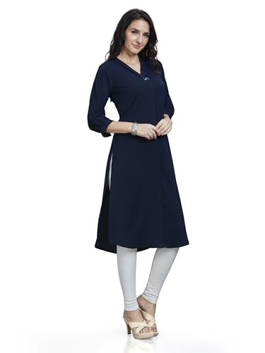 Image of nioni Women's Straight Solid Kurti with V-Fold Neck | Rayon Lycra Material | Fashionable Micro Pleates | 3 /4th Sleeve Kurta for Woman & Girls (S to 2XL)