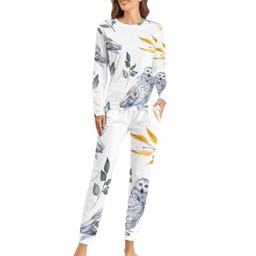Ensemble de pyjama femme Hibou Blanc sleepwear de nuit t-shirt manches longues pantalon homewear