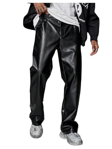 GORGLITTER Men's Leather Pants Y2K PU Straight Leg Baggy Pants Disco Pants Trousers Black Small