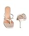 Coutgo Womens Heeled Sandals Strappy Square Toe Flip Flops Fashion Thong Slip on Stiletto Sandals, Beige, Size 6.5