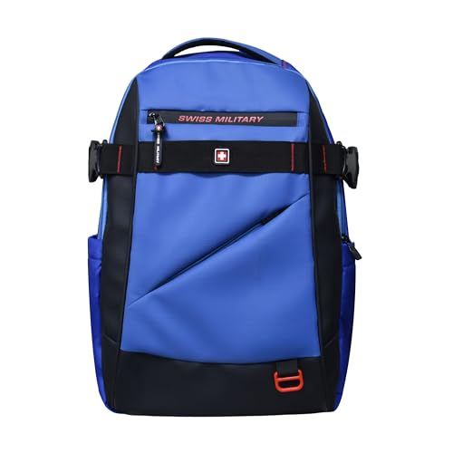 Image of SWISS MILITARY 30L Unisex Laptop Travel Backpack for 15.6-Inch Laptops - with Luggage Strap, Detachable Key Ring, Anti-Theft Pocket, Expandable Bottle Pocket for Office and College Use-Blue