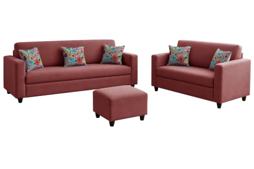 Image of Rosebell 3+2 Fabric Sofa Set with Ottoman | Premium Upholstery 5-Seater Sofa | with Printed Cushions | Living Room Furniture |Rose Pink-Color