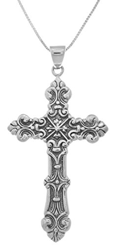 X-Large Medieval Fleur de Lis Gothic Cross Sterling Silver Pendant Necklace 18