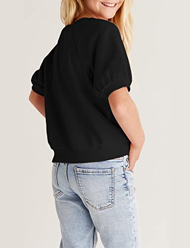 Image of Kids Girls Cute T-Shirt Short Puff Sleeve Basic Solid Casual Loose Pullover Ribbed Cuffs Hem Tees