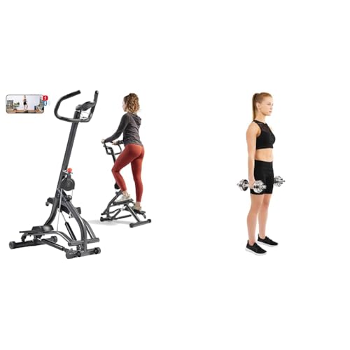 Sunny Health & Fitness Stair Stepper w/Handlebar, Extended Step Range Machine + Adjustable 15 KG Dumbbell Set w/Carry Case, Space Saver, Secure Quick-Lock, Anti-Slip Steel Handle