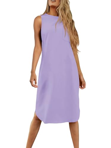 Image of Dyexces Summer Dress for Women Crew Neck Short Sleeve Solid Basic T-Shirts Casual Midi Dresses with Pocket