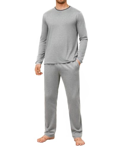 Crewhpo Ensembles de Pyjama Homme à Manches Longues Pijamas Hiver Chaud Col Rond Vêtements de Nuit Doux Pyjama Long Vêtements de Détente Confortable Gris...