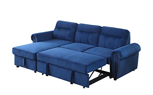 Cobh Blue Contemporary Reversible Sleeper Sectional Sofa Chaise In Velvet Fabric #TOP1