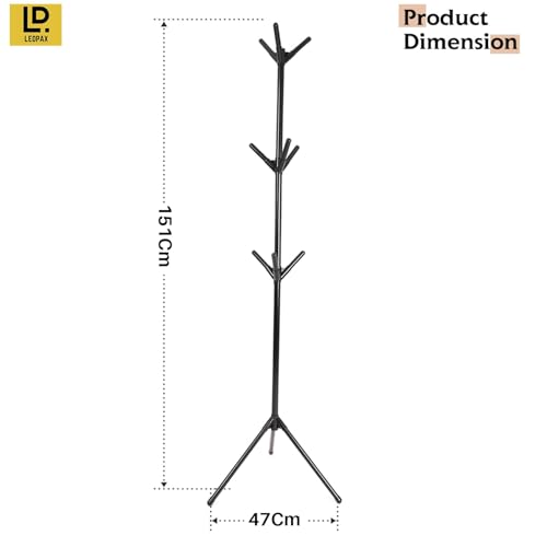 Image of LEOPAX Metal Premium Coat Rack Freestanding Tree Shape Coat,Towel, Hat Stand With 9 Hooks for Livingroom, Bedroom, Hallway - Black - Use Light Weight Clothes, 46X46X170 Cm