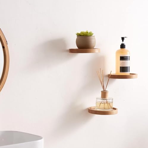Image of UHUD CRAFTS Decorative Set of 3 Small Round Wooden Wall Shelves - Space-Saving Solid Wood Floating Shelves | Wooden Wall Mounted Plant Shelves for Home Decor