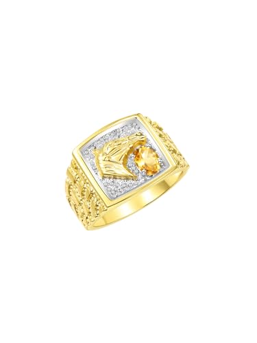 Image of Rylos Men's Yellow Gold-Plated Sterling Silver Lucky Nugget Horse Head Ring with 6X4MM Gemstone and Diamonds - Birthstone Elegance for Men, Sizes 8-13 Available